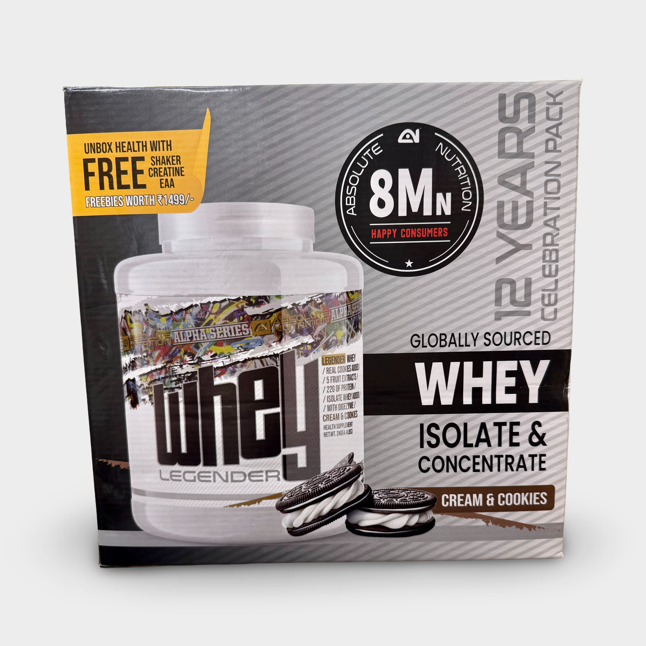 Absolute Nutrition Whey Legender 12 Years Celebration Pack (Whey Legender 2Kg + Creatine Monohydrate 100g + EAAs 3 Servings + Plastic Shaker) - 2Kg
