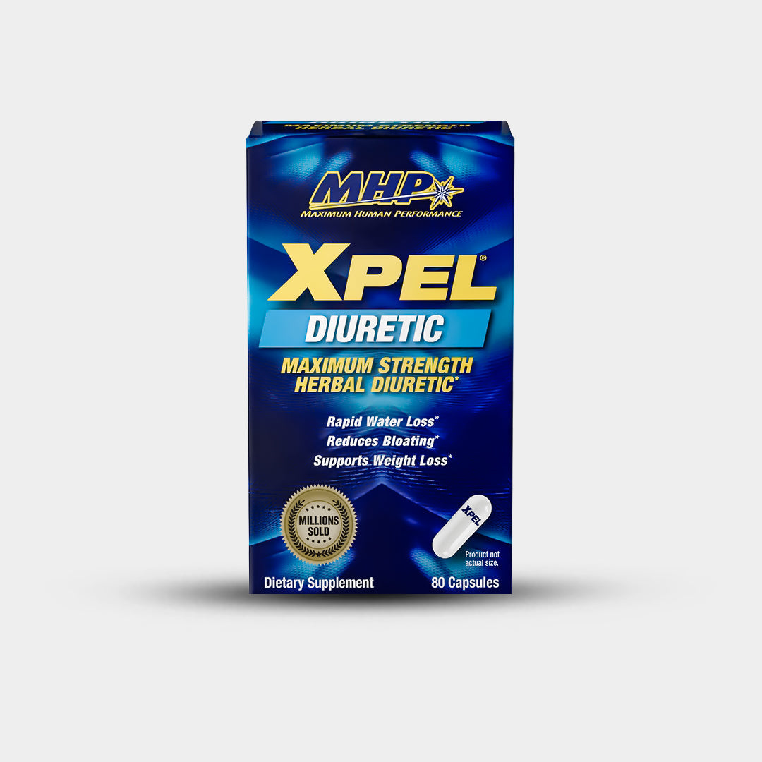 MHP Xpel Diuretic maximum strength herbal supplement for rapid water loss and bloating reduction box with capsules