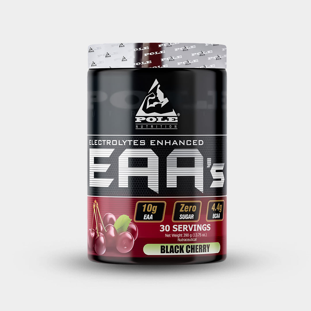 Pole Nutrition EAA supplement container with black cherry flavor and electrolyte-enhanced amino acids for muscle recovery and endurance.