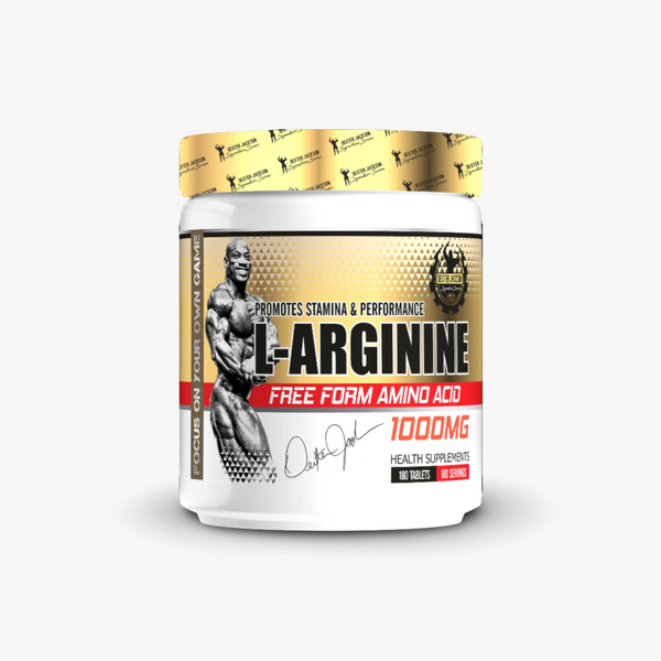 Dexter Jackson Arginine 1000mg supplement bottle promoting stamina and performance with 180 tablets
