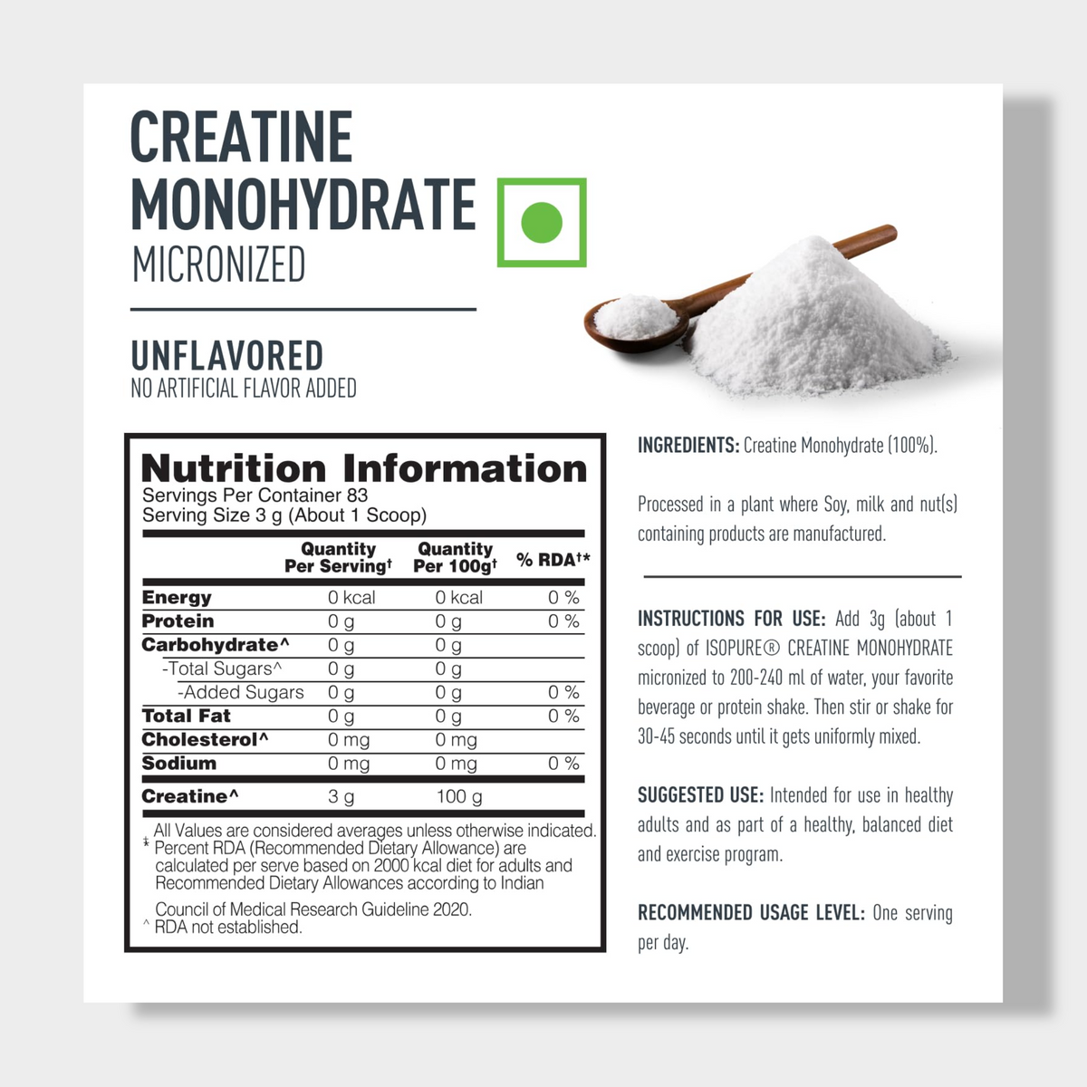 Isopure 100% Creatine Monohydrate Micronized | 250g | Unflavoured