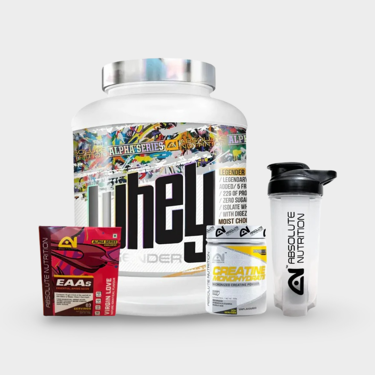 Absolute Nutrition Whey Legender 12 Years Celebration Pack (Whey Legender 2Kg + Creatine Monohydrate 100g + EAAs 3 Servings + Plastic Shaker) - 2Kg
