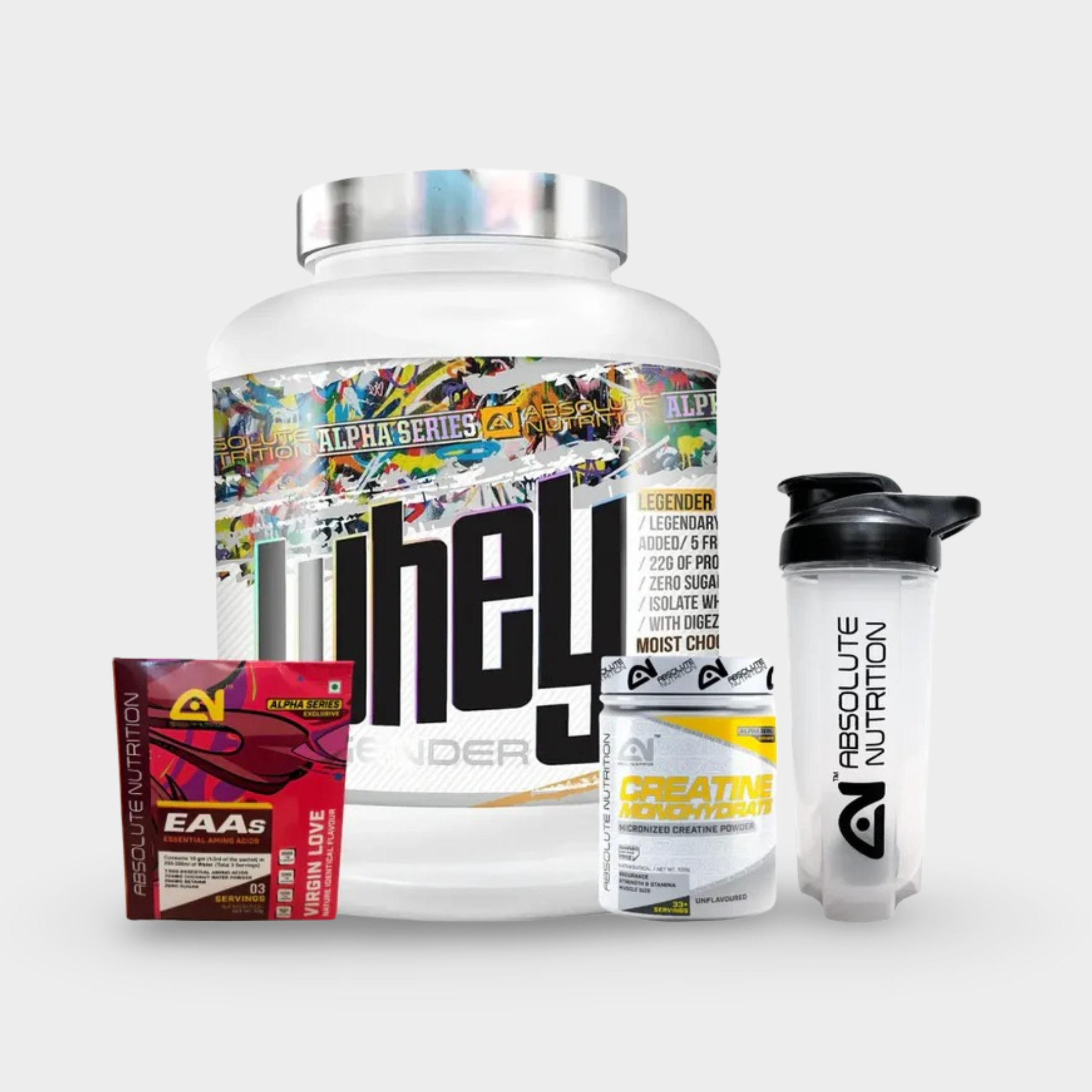 Absolute Nutrition Whey Legender 12 Years Celebration Pack (Whey Legender 2Kg + Creatine Monohydrate 100g + EAAs 3 Servings + Plastic Shaker) - 2Kg
