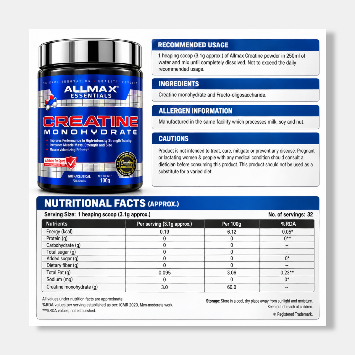 Allmax Creatine Monohydrate | 100g