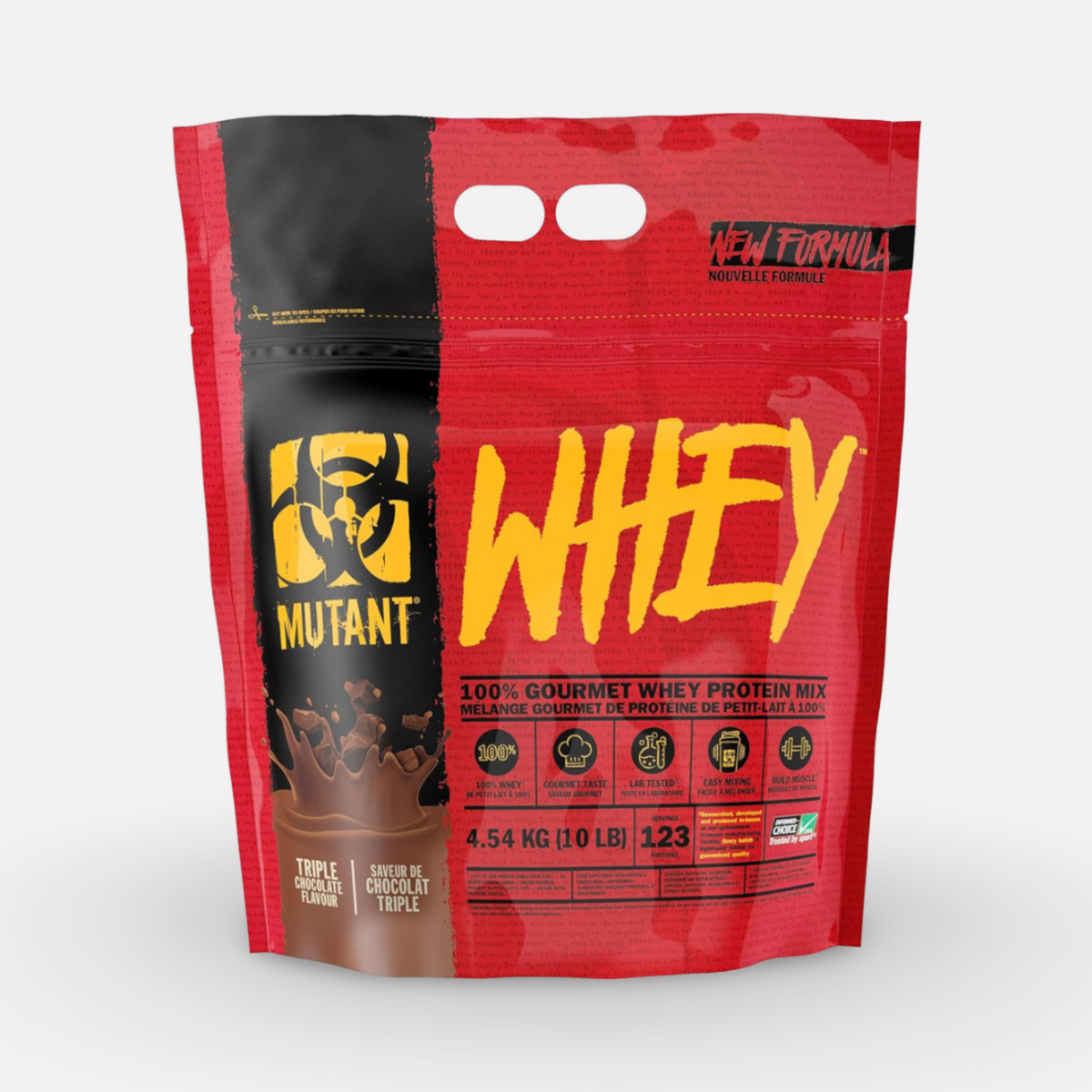 Mutant Whey 10lbs protein powder in red and black bag with triple chocolate flavor for muscle building