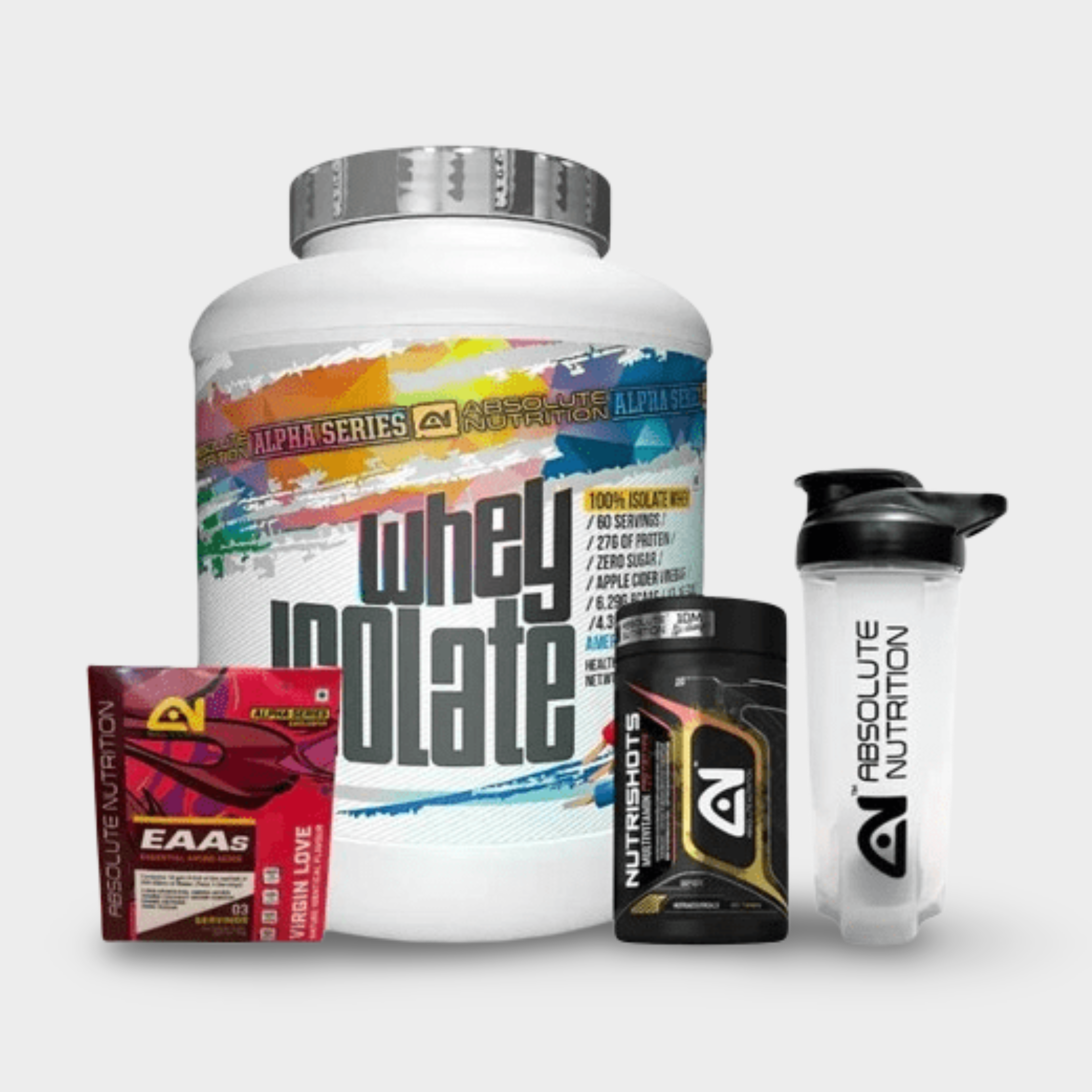 Absolute Nutrition Alpha Whey Isolate Protein | 2 Kg COMBO PACK WITH MULTI, EAA & SHAKER
