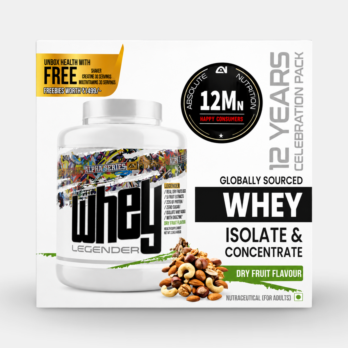 Absolute Nutrition Whey Legender 12 Years Celebration Pack (Whey Legender 2Kg + Creatine Monohydrate 100g + Multivitamins 30 Servings + Plastic Shaker) - 2Kg
